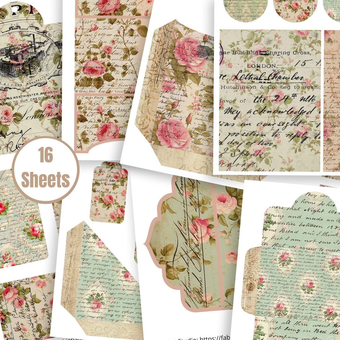 Shabby Chic Junk Journal Kit: Pink & Green Roses, Printable ...