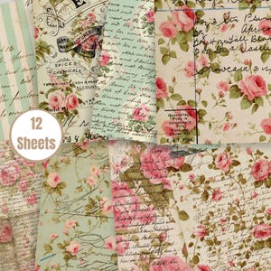 Shabby Chic rosa und grüne Rosen Digital Paper Pack - 12 Vintage florale Hintergründe, JPG Sofort-Download - FA225