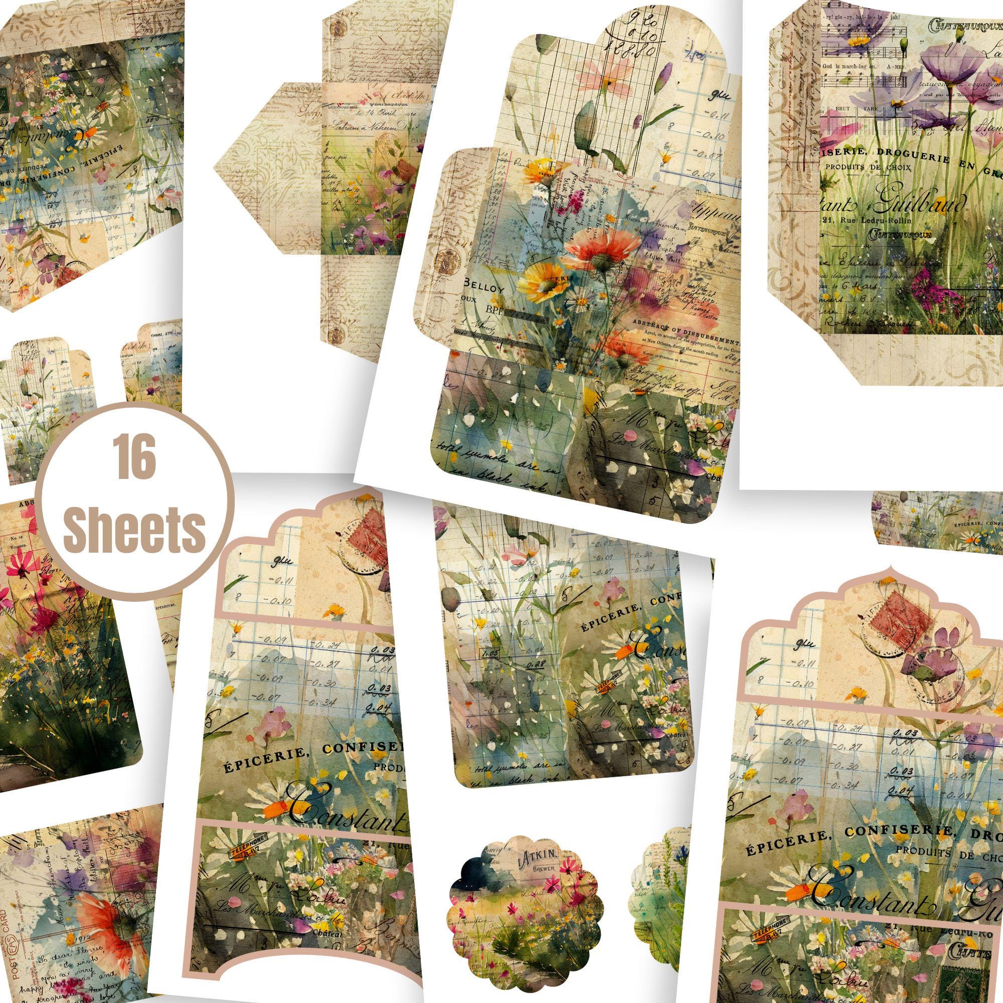 水彩画の野花ジャンクジャーナルキット：印刷可能な封筒、ポケット