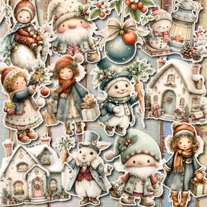 May include: A collection of whimsical Christmas-themed stickers featuring various characters and elements. The stickers include snowmen, gnomes, rabbits, children, and houses, all in a soft, pastel color palette with a vintage aesthetic. The stickers are on a light blue and wood grain background.
