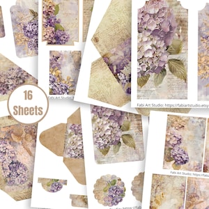 May include: A selection of 16 sheets of paper goods with vintage floral designs. The designs feature purple hydrangeas, script, and aged paper textures. The text "16 Sheets" is visible, along with the Etsy shop name and URL.