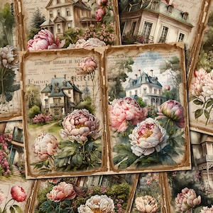 French Peony Junk Journal Pages: Vintage Cottagecore Ephemera (Digital Download)