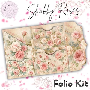 Peut inclure: Un kit de folio en papier arborant un motif floral d'inspiration vintage avec des roses roses et des feuilles vertes sur fond crème. Le kit comprend plusieurs poches avec des découpes incurvées et un bord décoratif, marqué Shabby Roses Folio Kit.