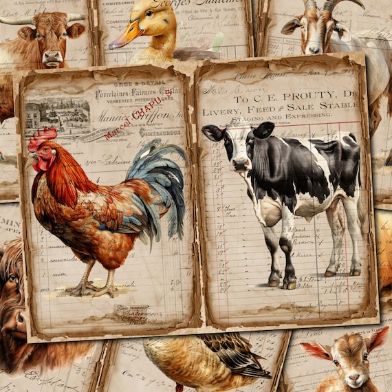 Vintage Farm Animals Junk Journal Pages: Printable Digi Kit (Digital Download)