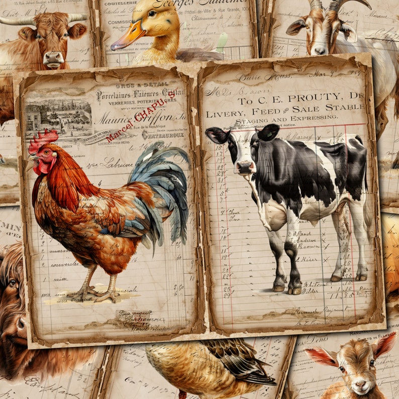May include: A collage of vintage images featuring farm animals, including a rooster, cow, goat, duck, and a bull. The images are printed on old, worn paper with handwritten text and numbers.