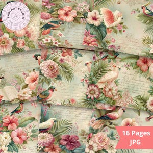 May include: Digital paper sheets with a vintage floral and bird design. The sheets feature pink and peach hibiscus flowers, parrots, and handwritten script on a light blue background. The text "16 Pages JPG" is visible.