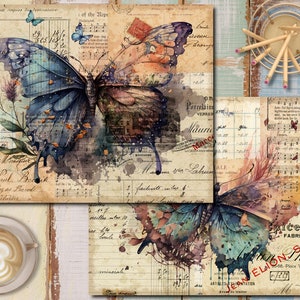 K&ouml;nnte beinhalten: Eine Collage aus Vintage-Papier mit Aquarell-Schmetterlingen, Noten und handschriftlichem Text. Das Papier ist verblasst und hat einen abgenutzten Look. Die Schmetterlinge sind blau, gr&uuml;n und braun. Der Text enth&auml;lt die W&ouml;rter "Porzellan", "Mauri", "Labuc", "Picerie en", "FABRIQUE DE CONF", "ELION Philippu" und "Place Voltaire".