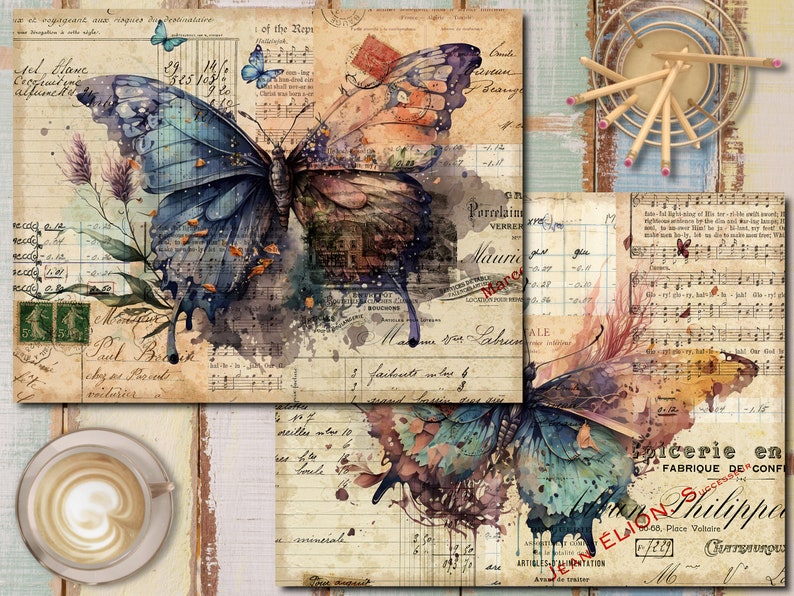 K&ouml;nnte beinhalten: Eine Collage aus Vintage-Papier mit Aquarell-Schmetterlingen, Noten und handschriftlichem Text. Das Papier ist verblasst und hat einen abgenutzten Look. Die Schmetterlinge sind blau, gr&uuml;n und braun. Der Text enth&auml;lt die W&ouml;rter "Porzellan", "Mauri", "Labuc", "Picerie en", "FABRIQUE DE CONF", "ELION Philippu" und "Place Voltaire".