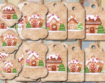 May include: A collection of Christmas-themed gift tags featuring gingerbread houses with white icing, candy accents, and green trees. The tags have a vintage, textured background with the words "Jingle Bells" printed on them.