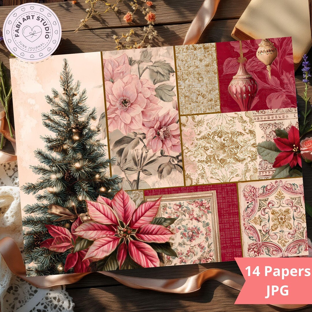Junk Journal Vintage Christmas Collage Papers With Ruby Red Colors ...