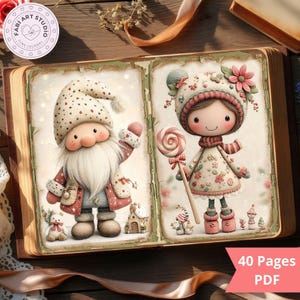 May include: A digital art journal spread featuring whimsical illustrations of a gnome and a girl holding a lollipop. The gnome wears a dotted hat and red coat. The girl has a floral hat and dress. The text "40 Pages PDF" is visible.