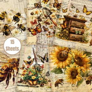 Paquete de papel collage Nature's Delight: 15 imprimibles para diario basura con temática de abejas y mariposas (carta de EE. UU., JPG, 300 DPI)