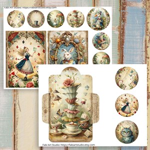 May include: A collection of Alice in Wonderland-themed paper cutouts and illustrations. The designs include Alice, the White Rabbit, a Mad Hatter's tea party, and other whimsical elements. The color palette is soft, with pastel tones and vintage aesthetics.