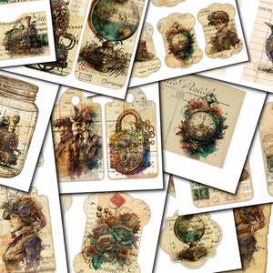 Kit de efímeras Steampunk para diario basura, kit adicional para diario basura, tarjetas de diario, sobres, círculos, etiquetas de efímeras, etiquetas de diario