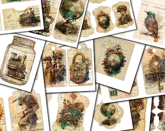 May include: A collection of vintage-style printable tags featuring steampunk-inspired designs. The tags feature images of gears, clocks, trains, and other mechanical elements. The tags are perfect for adding a touch of vintage charm to your crafts and projects.
