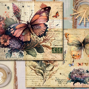 K&ouml;nnte beinhalten: Eine digitale Collage mit Vintage-Papier mit handschriftlichem Text, Schmetterlingen und floralen Designs. Die Collage ist in Braun-, Beige-, Blau- und Gr&uuml;nt&ouml;nen gehalten.
