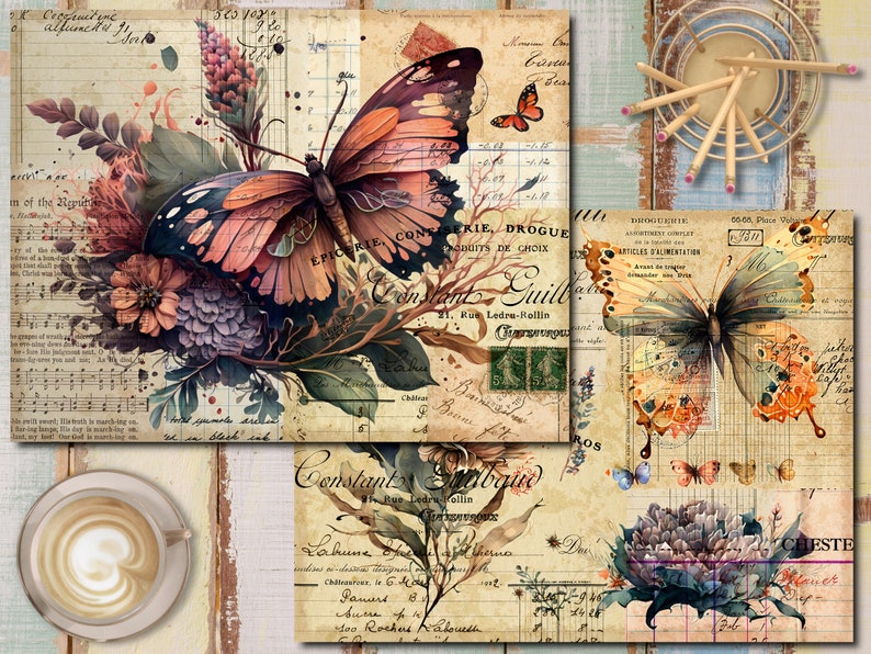 K&ouml;nnte beinhalten: Eine digitale Collage mit Vintage-Papier mit handschriftlichem Text, Schmetterlingen und floralen Designs. Die Collage ist in Braun-, Beige-, Blau- und Gr&uuml;nt&ouml;nen gehalten.