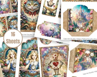 Könnte beinhalten: Eine Sammlung von 16 Blättern mit Ephemera zum Thema Alice im Wunderland. Die Blätter zeigen Illustrationen der Grinsekatze, Alice, Spielkarten und ein Schloss. Die Farbpalette umfasst Blau-, Rosa- und Grüntöne.