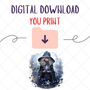 Pode incluir: Gr&aacute;fico de download digital com o texto "DIGITAL DOWNLOAD YOU PRINT". A imagem apresenta uma ilustra&ccedil;&atilde;o em aquarela de uma bruxa com cabelo cinza e uma capa preta, rodeada por elementos florais azuis e brancos.