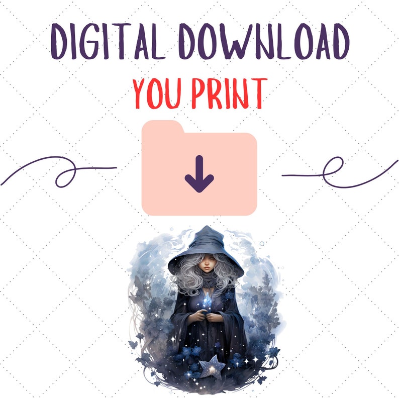 Pode incluir: Gr&aacute;fico de download digital com o texto "DIGITAL DOWNLOAD YOU PRINT". A imagem apresenta uma ilustra&ccedil;&atilde;o em aquarela de uma bruxa com cabelo cinza e uma capa preta, rodeada por elementos florais azuis e brancos.