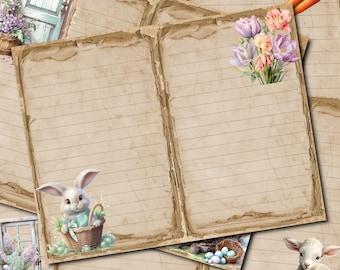 Aquarell Kaninchen Junk Journal Seiten – Vintage Oster Collage (Digitaler Download)