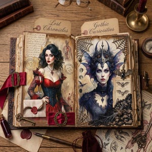 May include: An open book titled Lost Chronicles and Gothic Curiosities featuring illustrations of two figures, one in a red corset holding a wine glass and another in a dark crown with bat motifs, accented by spider webs, lace, and wax seals.