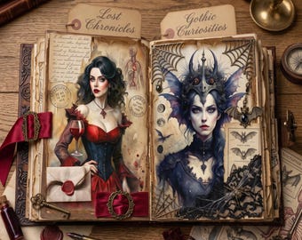 May include: An open book titled Lost Chronicles and Gothic Curiosities featuring illustrations of two figures, one in a red corset holding a wine glass and another in a dark crown with bat motifs, accented by spider webs, lace, and wax seals.