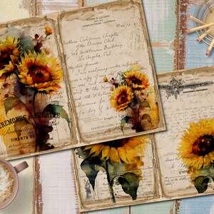 May include: Three vintage journal pages with watercolor sunflower illustrations and handwritten text. The pages are aged and have a distressed look. The text includes "Southern California Chapter of the Buren Club", "CREMONES DE GENEVE", and "HARDWARE PA".