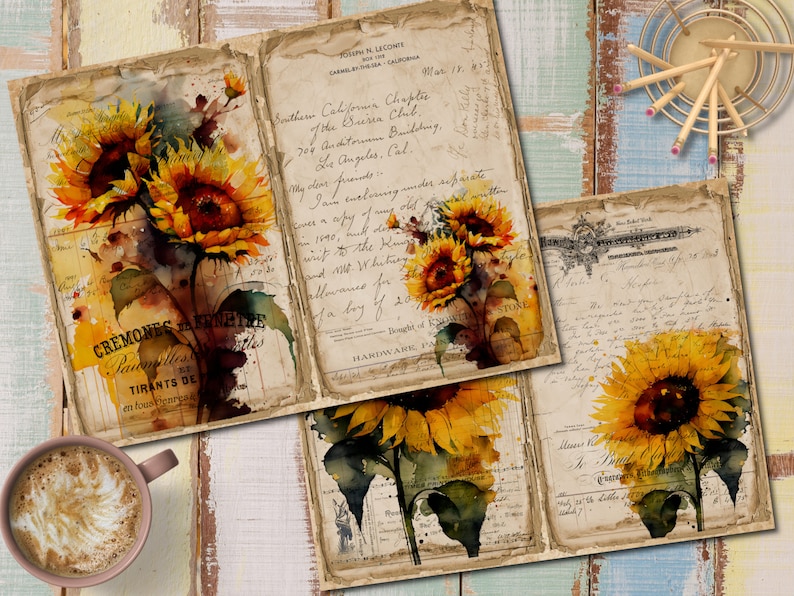 May include: Three vintage journal pages with watercolor sunflower illustrations and handwritten text. The pages are aged and have a distressed look. The text includes "Southern California Chapter of the Buren Club", "CREMONES DE GENEVE", and "HARDWARE PA".
