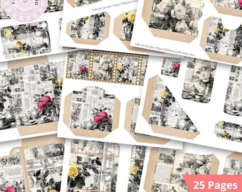 Black and White Rose Kit for Junk Journal: Tags, Pockets, Envelopes (Digital Download) - FA427