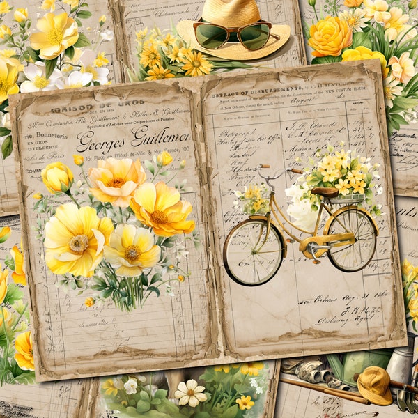 Yellow Spring Junk Journal, Spring Flowers, Vintage Junk Journal, Spring, Boho, Junk Journal Kit, Printable, Collage, Journal Page, Digi Kit