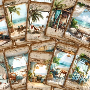 May include: A collection of vintage-style postcards featuring beach scenes with palm trees, turquoise water, and rustic beach huts. The postcards have a distressed, aged appearance with handwritten script and faded colors.