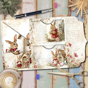 Puede incluir: Un objeto decorativo de papel con temática de Pascua con ilustraciones de conejos, huevos y elementos florales. El diseño presenta una estética vintage con colores suaves y acentos manuscritos. También se ven un bolígrafo, unas tijeras y una taza de café.