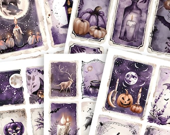 May include: A collection of watercolor illustrations with a Halloween theme. The images feature pumpkins, bats, candles, moons, and a deer, all in shades of purple and brown. The illustrations have a vintage, spooky aesthetic.