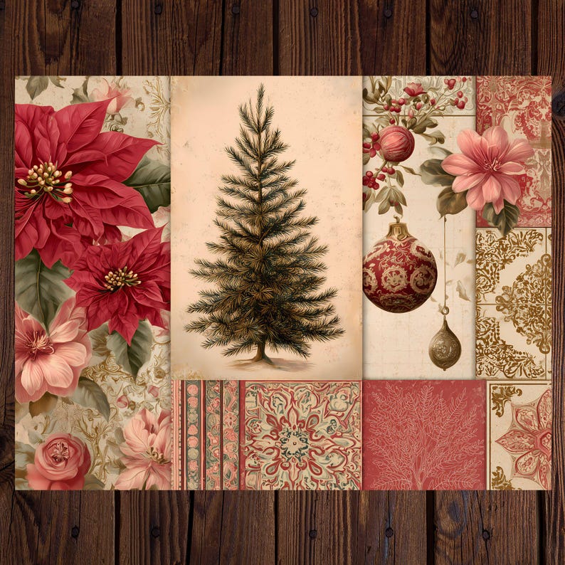 Junk Journal Vintage Christmas Collage Papers With Ruby Red Colors ...