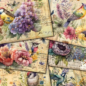 Diário de lixo para impressão, pássaros, papéis de diário vintage, diário de lixo de flores, kit digital de diário de lixo vintage, diário para impressão de pássaros
