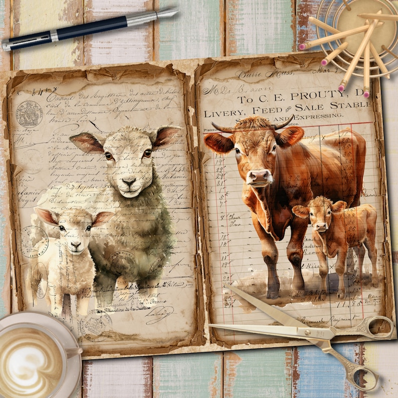 May include: A vintage journal page with a watercolor illustration of a mother sheep and lamb on the left side and a mother cow and calf on the right side. The journal page has handwritten text and a vintage aesthetic.