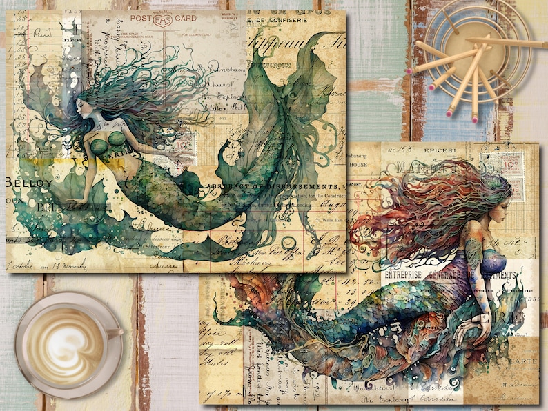 Pu&ograve; includere: Tre stampe d'arte digitale che raffigurano sirene con capelli lunghi e fluenti e code. Le sirene sono raffigurate in uno stile vintage con uno sfondo di carta vecchia e testo. Le sirene sono verdi, blu e rosse.