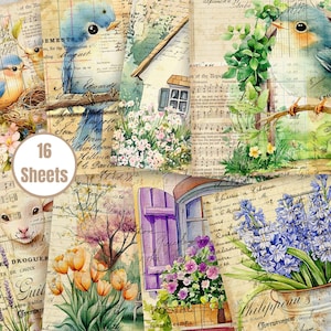 Kit stampabile per un diario di primavera – 16 fogli di carta per collage acquerellabili – Uccelli, fiori, farfalle e estetica del cottage in giardino - FA222