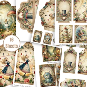 May include: A set of 16 sheets of Alice in Wonderland-themed paper ephemera. The designs feature illustrations of Alice, the Mad Hatter's hat, the Cheshire Cat, and other iconic elements. The colour palette includes soft pastels and vintage tones.