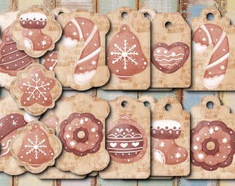 May include: Twelve brown and white gingerbread cookie gift tags with a variety of Christmas designs, including a stocking, candy cane, bell, heart, snowflake, and ornament. Each tag has the text "It's Christmas Time" printed on it.
