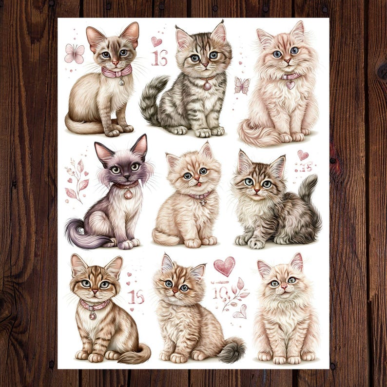 May include: A sheet of stickers featuring nine adorable cartoon kittens in various poses. Each kitten has a unique coat pattern and is wearing a pink collar. Decorative elements include hearts, butterflies, and the number 13 and 15.