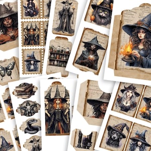 Kit de itens efêmeros de diário de bruxas de Halloween - imprimíveis digitais assustadores, mágicos, góticos e místicos - etiquetas, cartões, envelopes, bolsos - conjunto de 4