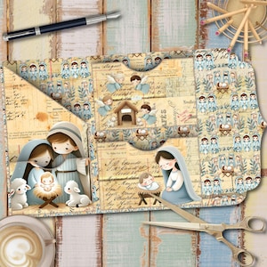 Kit folio pliable pour journal indésirable – Thème de l'Enfant Jésus - Nativité de Noël | étiquettes, cartes, objets originaux - Ephemera | 8 feuilles JPG imprimables