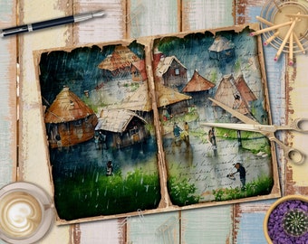 Village Rainy Day Journal Kit, Vintage Journal Pages, Junk Journal , Vintage Junk Journal Digi Kit, Vintage Printable Journal