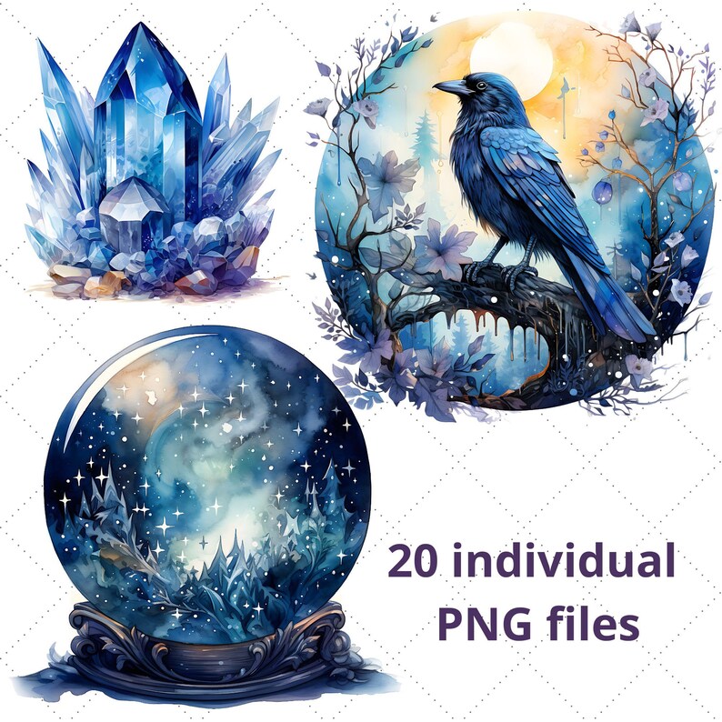 Pode incluir: Ilustra&ccedil;&otilde;es em aquarela de cristais, um corvo empoleirado num galho e um globo de neve com uma cena de inverno. As imagens s&atilde;o em tons de azul e branco, com um tema m&iacute;stico. O texto diz "20 ficheiros PNG individuais."