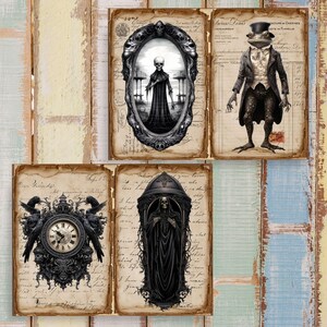 May include: A set of four vintage-style digital collage sheets featuring gothic illustrations. Images include a skeleton in an ornate oval frame, a toad in a top hat and suit, a clock flanked by two ravens, and a hooded skeleton in a tall archway.