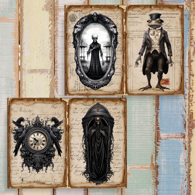 May include: A set of four vintage-style digital collage sheets featuring gothic illustrations. Images include a skeleton in an ornate oval frame, a toad in a top hat and suit, a clock flanked by two ravens, and a hooded skeleton in a tall archway.