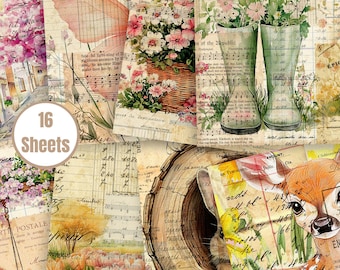 May include: A collage of vintage-style scrapbook paper sheets with floral and nature-themed illustrations. The sheets feature images of flowers, butterflies, boots, and a deer. The text "16 Sheets" is visible on a circular label.