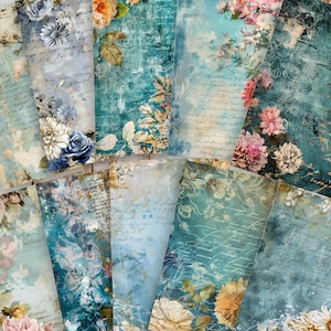 16 páginas de diário vintage com flores azuis, kit de diário de sucata, papel básico, páginas surradas para impressão, papel vintage, folha de colagem, papel para scrapbook